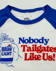 Women's BFLO x Labatt Nobody Tailgates Like Us! White & Royal Baby Tee