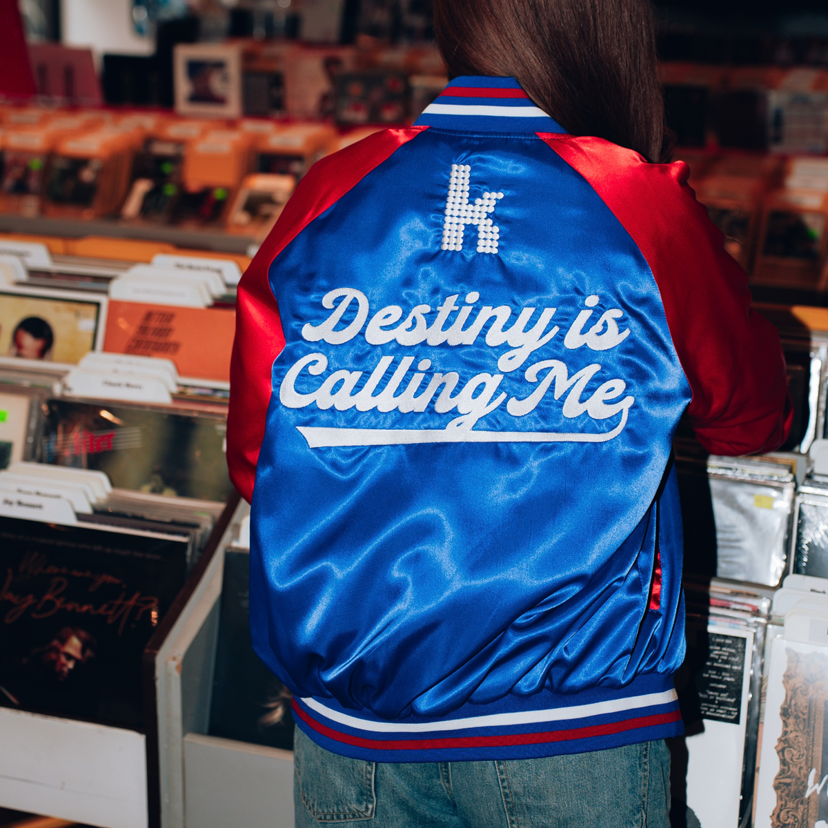 The Killers x The BFLO Store royal blue satin bomber jacket with Destiny Is Calling Me lettering and K emblem