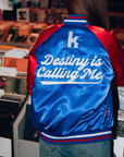 The Killers x The BFLO Store royal blue satin bomber jacket with Destiny Is Calling Me lettering and K emblem