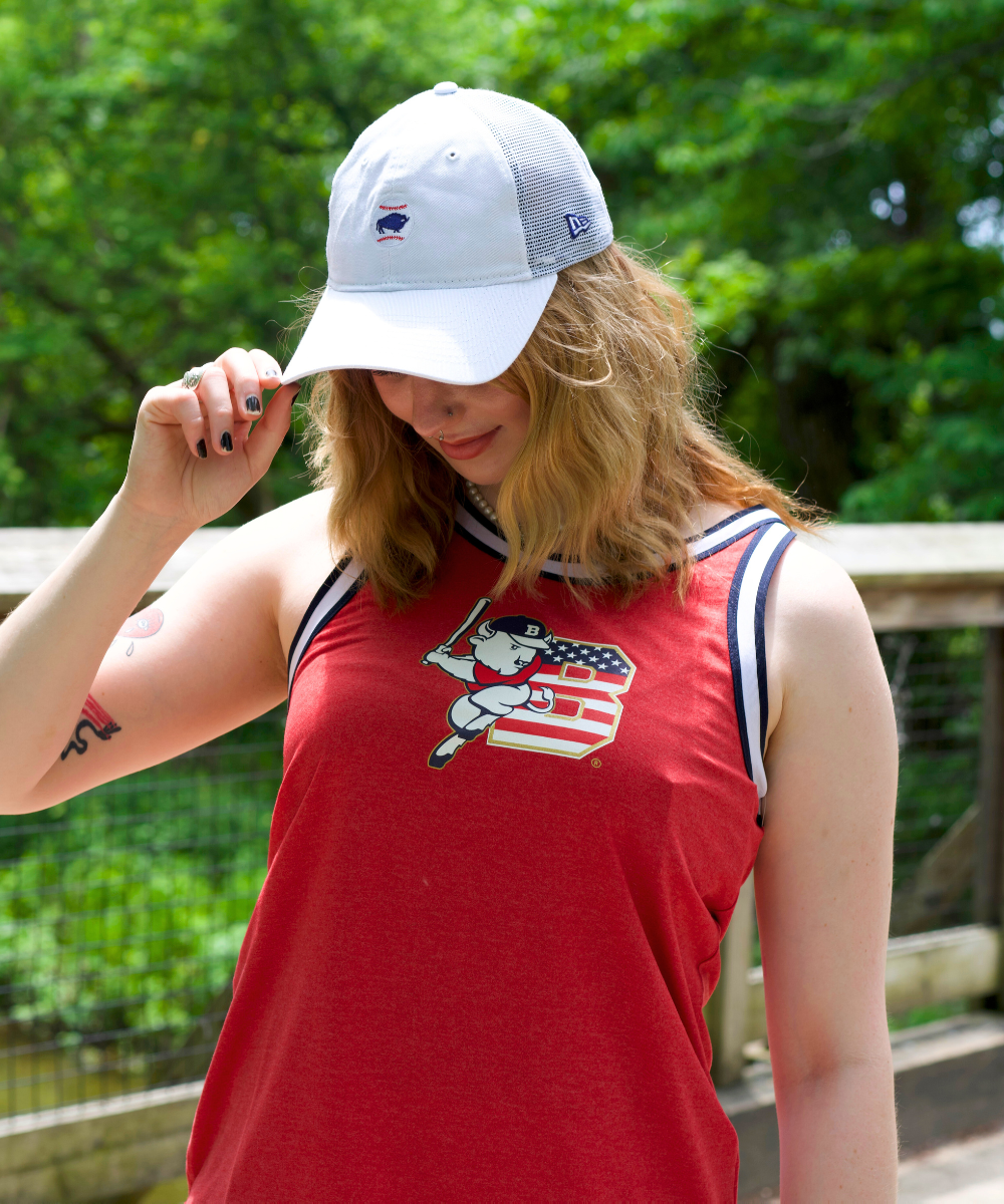 woman wearing a red buffalo bisons americana tank top and white buffalo bisons hat