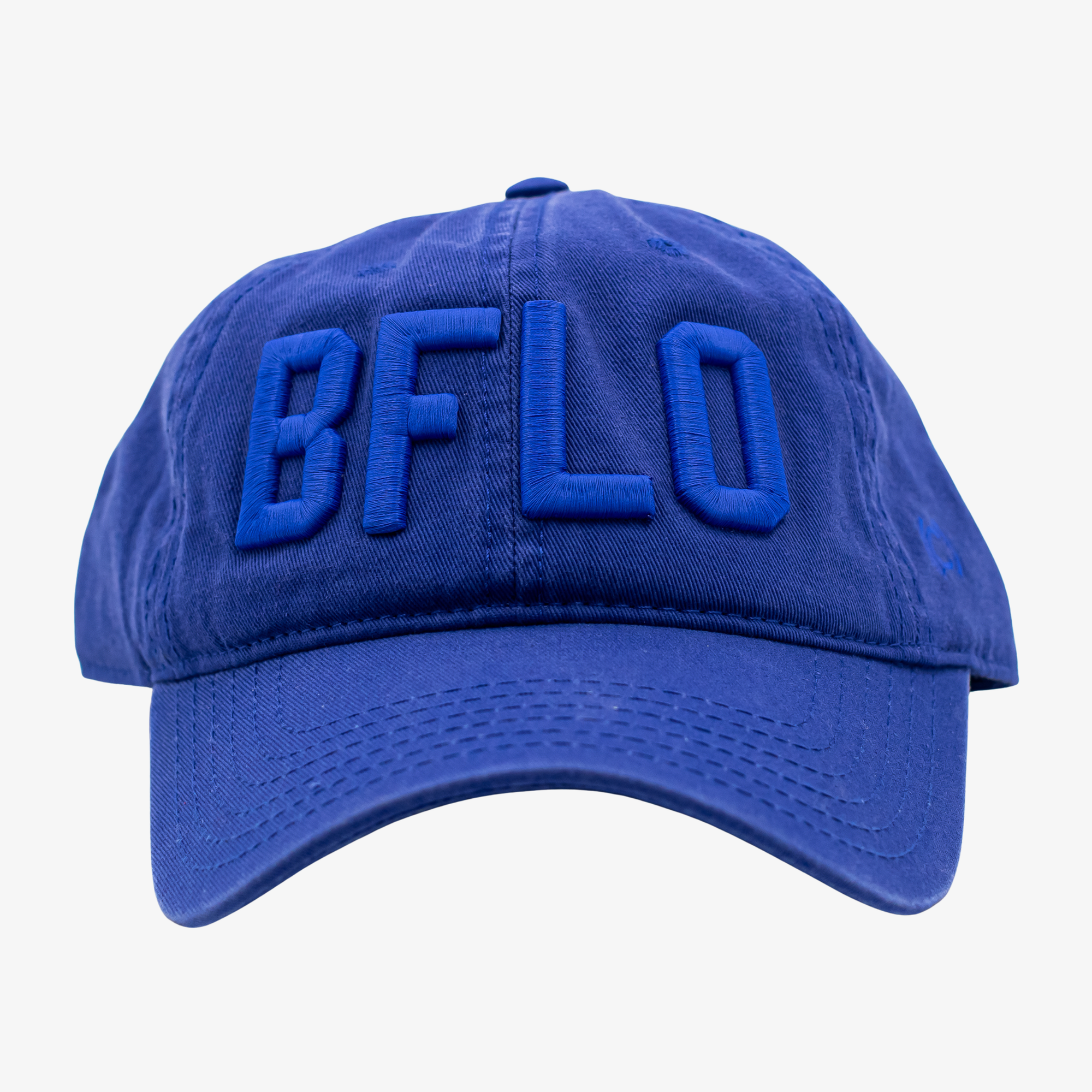 Blue cap with 'BFLO' text on a white background