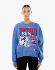 Woman wearing a New Era Buffalo Bills royal wash crewneck with 1960 helmet graphic