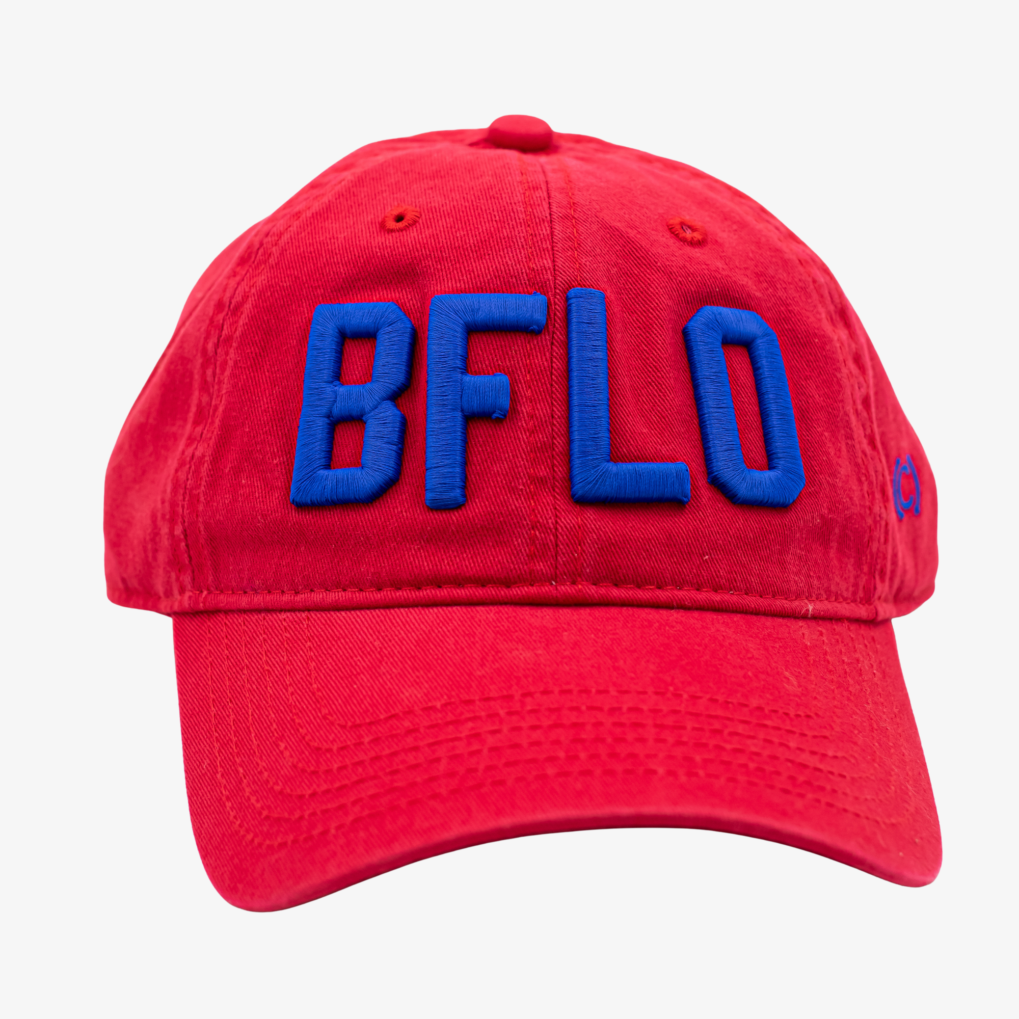 Red cap with blue 'BFLO' text on a white background