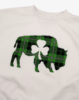Green Plaid Buffalo With Shamrock White Crewneck
