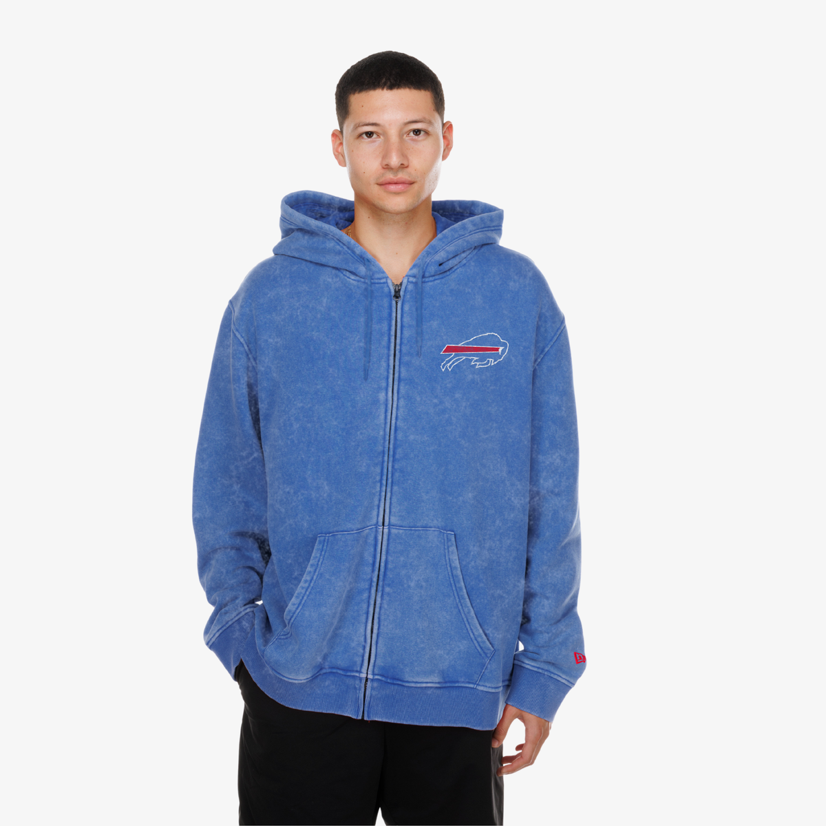New Era Buffalo Bills royal blue mineral wash full-zip hoodie with chest logo and oversized Buffalo Bills graphic on back