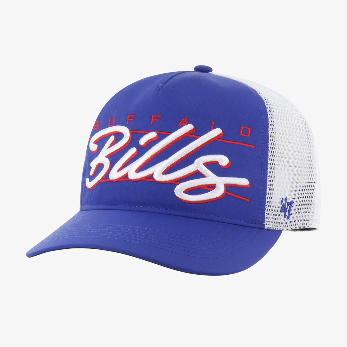 '47 Brand Buffalo Bills royal blue trucker hat with white embroidered Bills script, red accents, white cooling mesh panels, and curved visor.