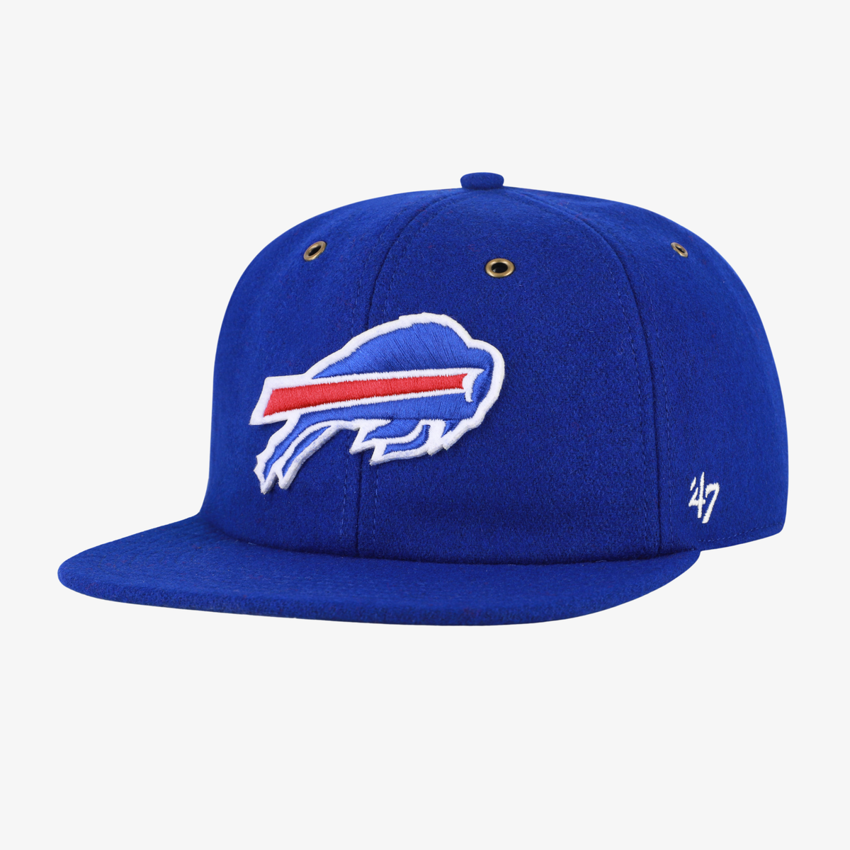 '47 Brand Buffalo Bills royal blue flat brim hat with embroidered charging buffalo logo, wool-like textured crown, and brass-colored eyelets.