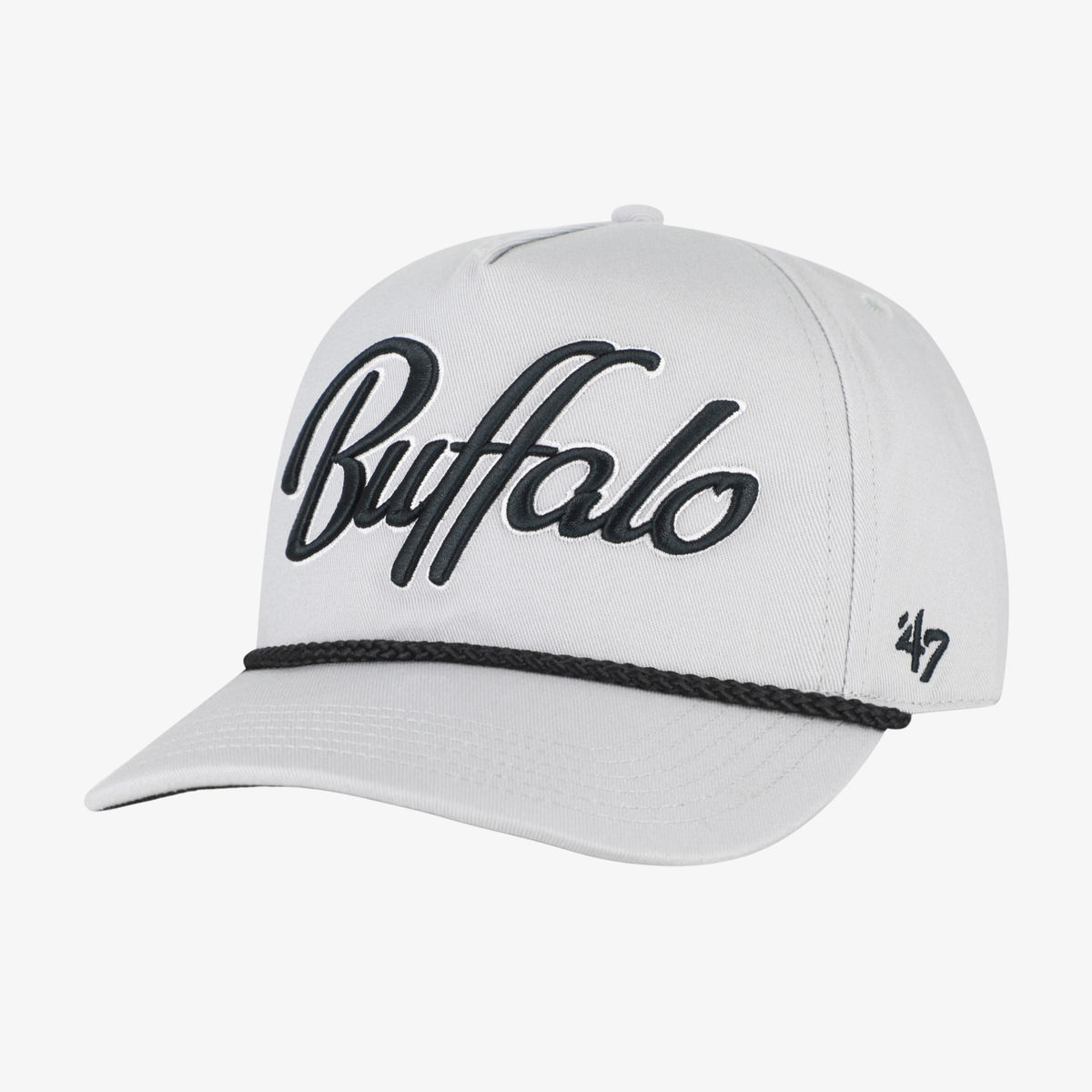 '47 Brand Buffalo Bills light gray rope hat featuring large black embroidered Buffalo script, black braided rope detailing, and a curved gray visor.