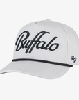 '47 Brand Buffalo Bills light gray rope hat featuring large black embroidered Buffalo script, black braided rope detailing, and a curved gray visor.