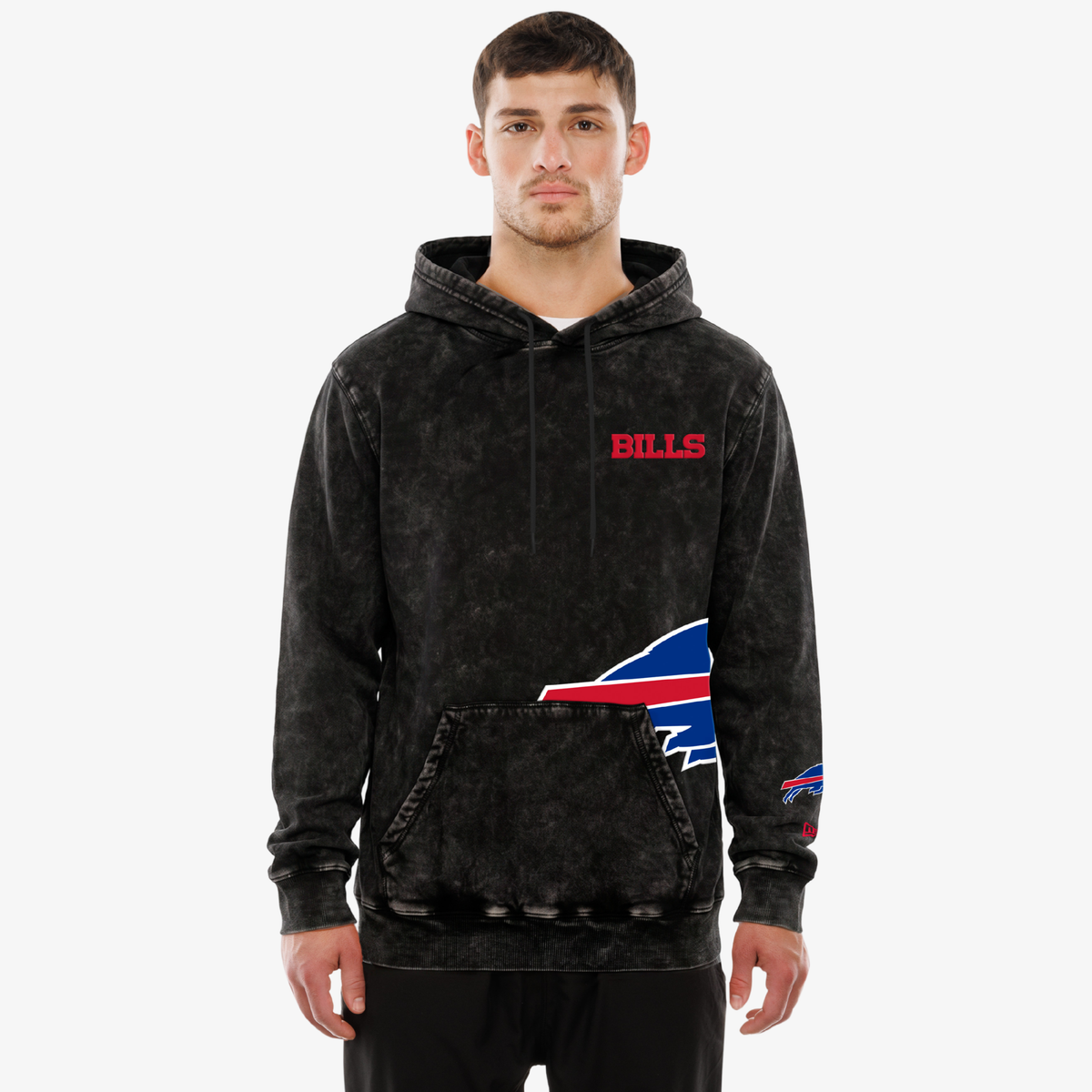 New Era Buffalo Bills black mineral wash hoodie with red Bills lettering and oversized wraparound team logo