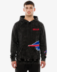 New Era Buffalo Bills black mineral wash hoodie with red Bills lettering and oversized wraparound team logo