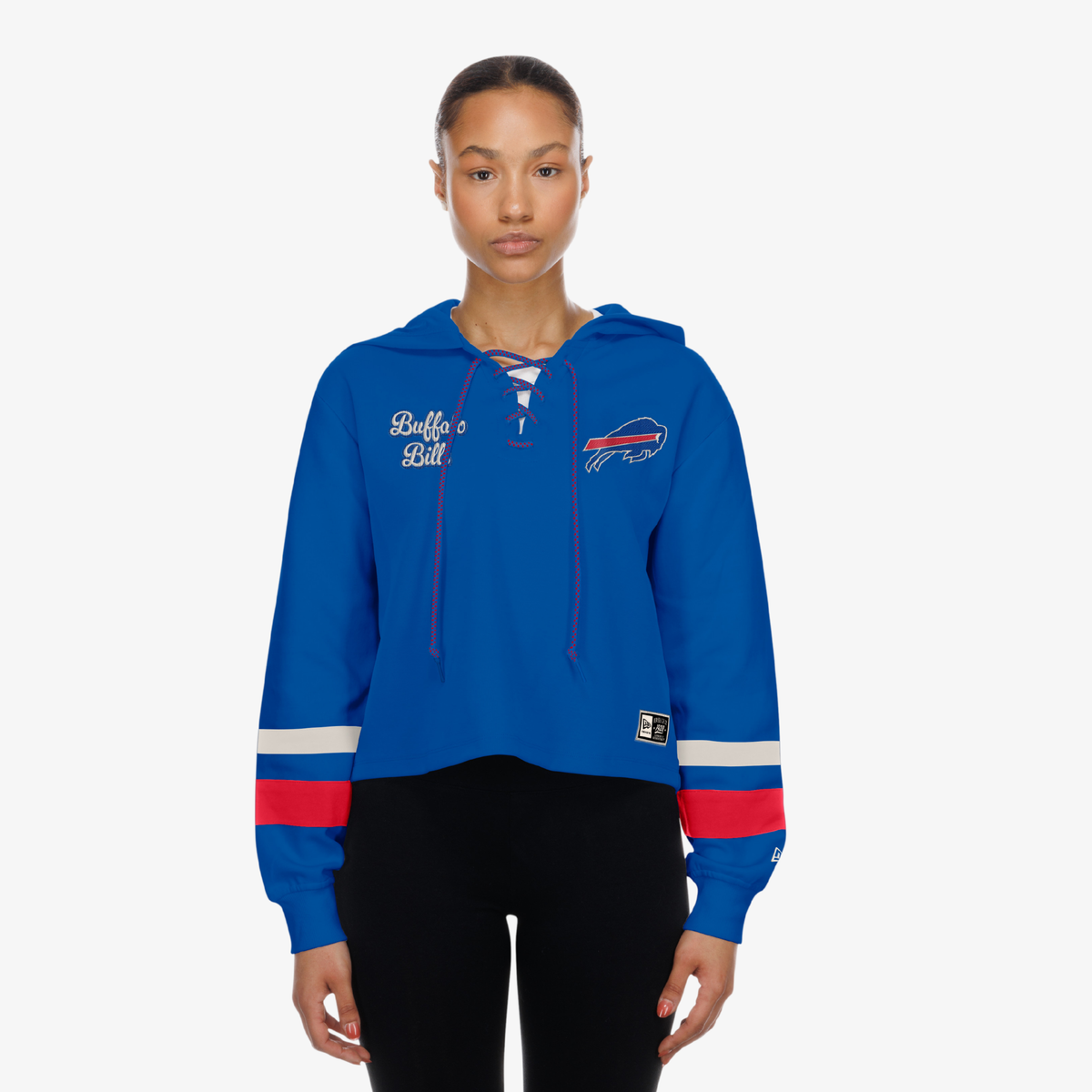 Women's New Era Buffalo Bills royal blue lace-up hoodie with embroidered team logos and striped sleeves