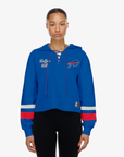 Women's New Era Buffalo Bills royal blue lace-up hoodie with embroidered team logos and striped sleeves