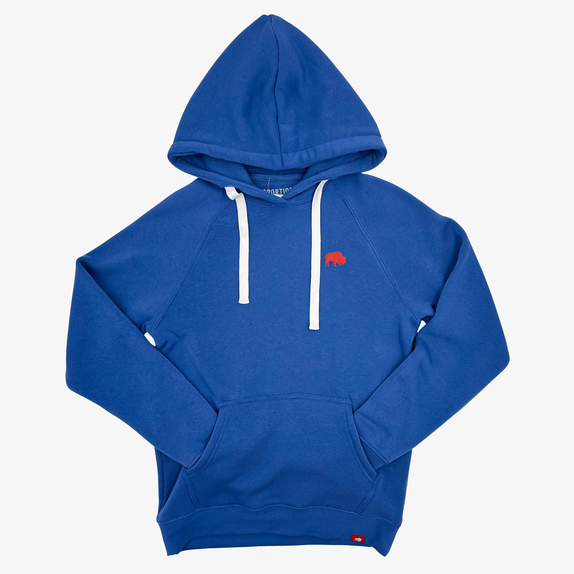 A royal blue pullover hoodie with white drawstrings and a small red elephant logo on the left chest, displayed on a light gray background.