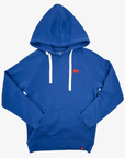 A royal blue pullover hoodie with white drawstrings and a small red elephant logo on the left chest, displayed on a light gray background.