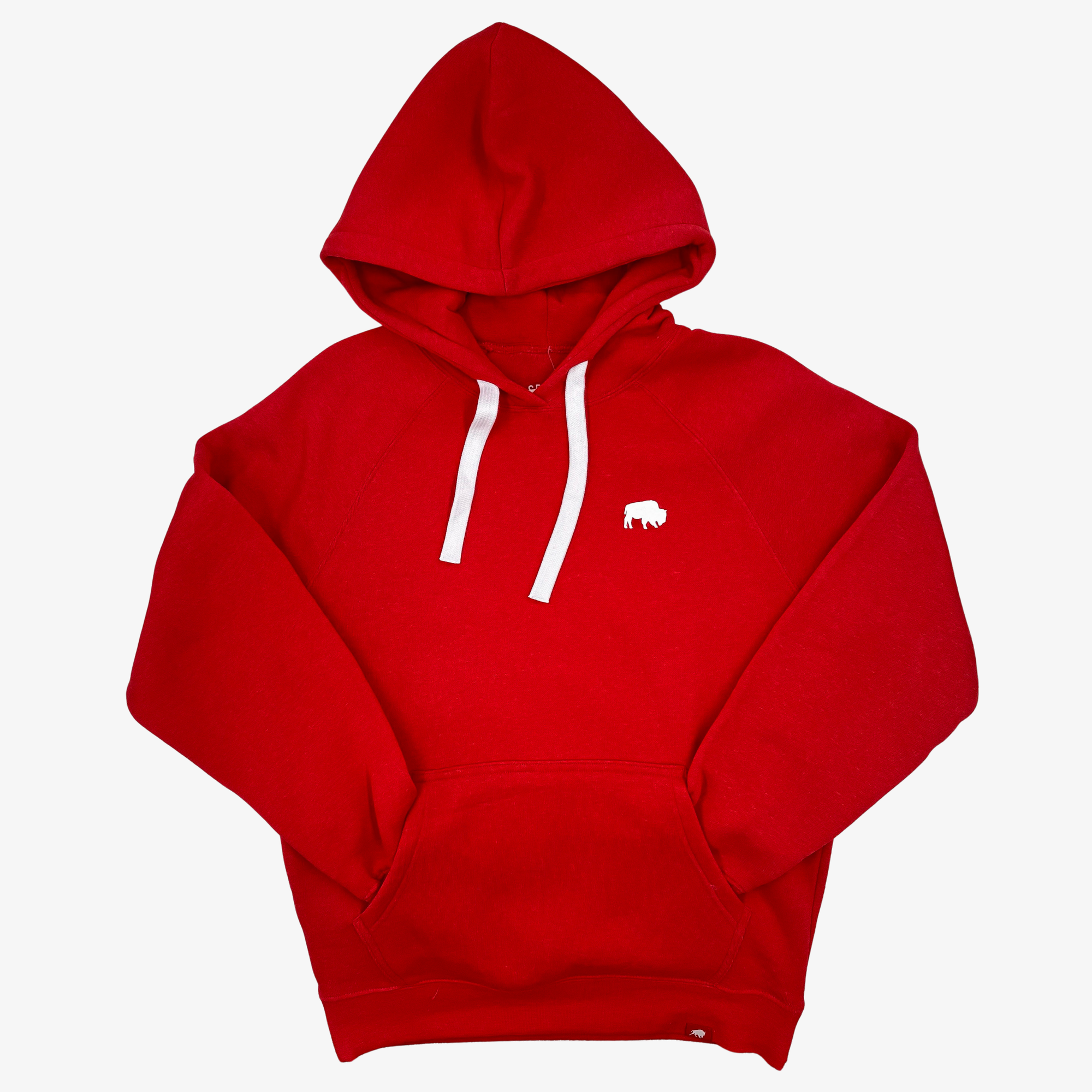 A bright red pullover hoodie with white drawstrings and a small white bison logo on the left chest, displayed against a light gray background.