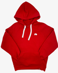 A bright red pullover hoodie with white drawstrings and a small white bison logo on the left chest, displayed against a light gray background.