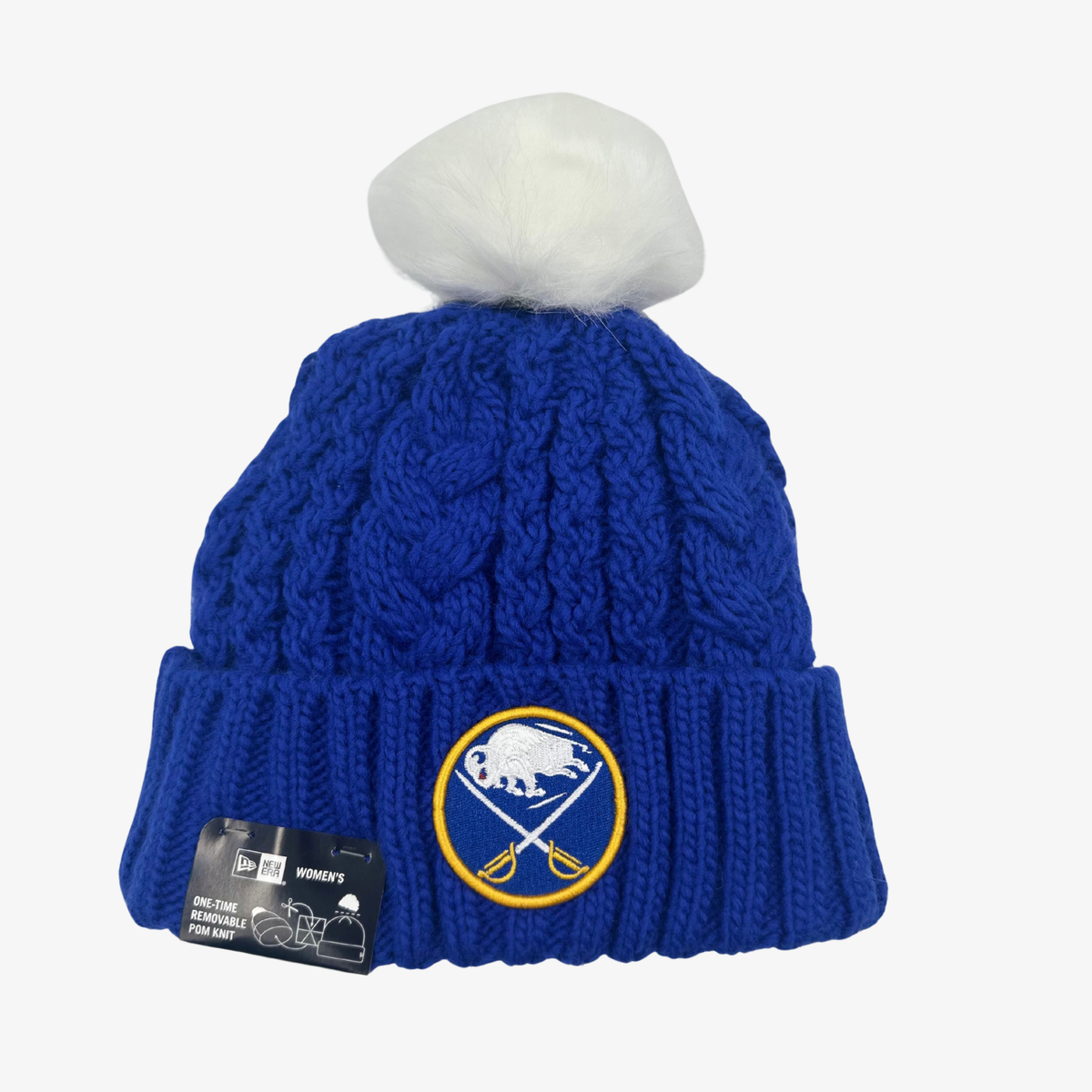 New Era Women's Buffalo Sabres royal blue cable knit pom hat with embroidered team logo