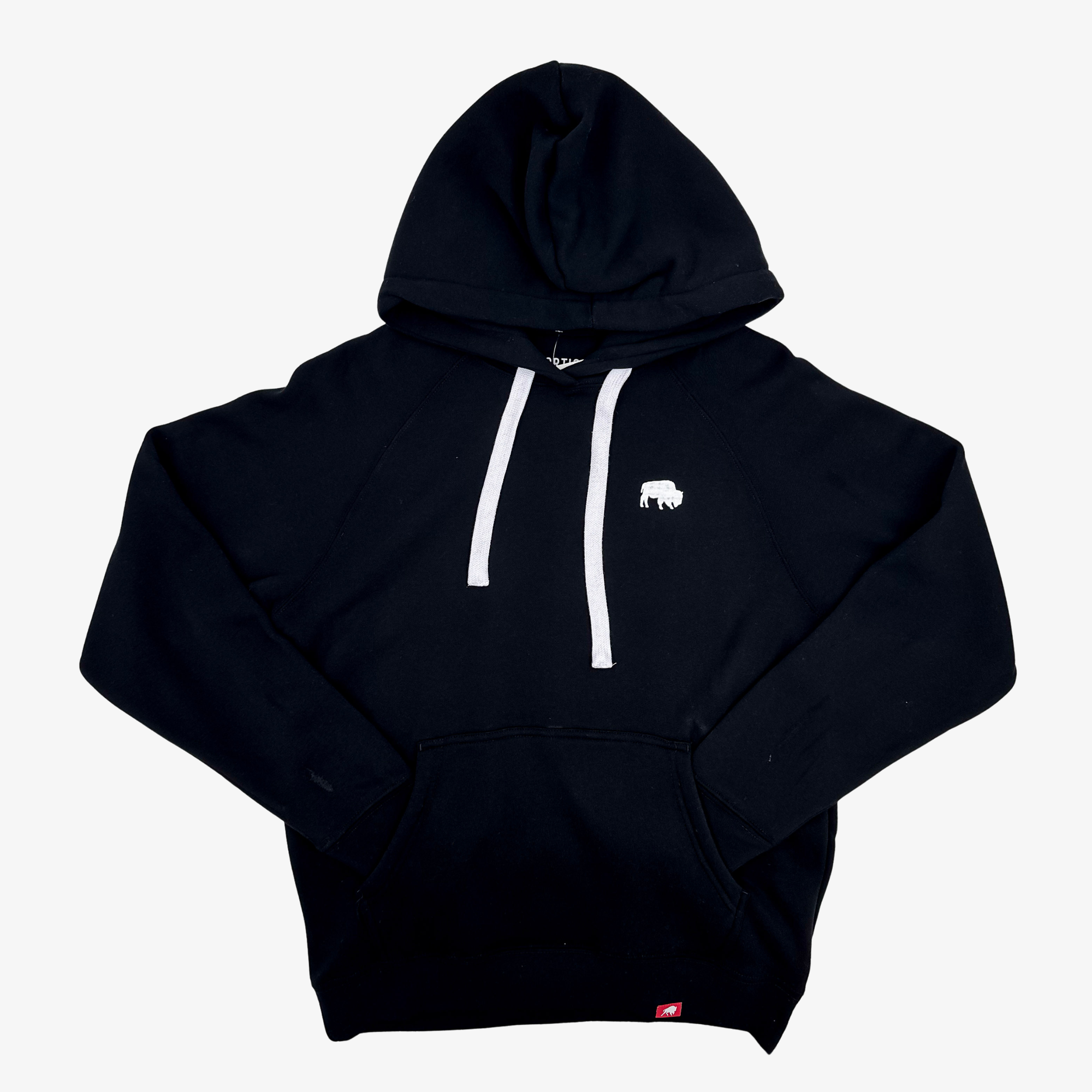 A black pullover hoodie with white drawstrings and a small white bison logo on the left chest, displayed against a light gray background.