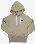 A beige pullover hoodie with white drawstrings and a small black buffalo logo on the left chest, displayed on a light gray background.
