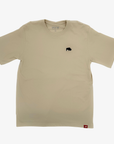 A beige crewneck t-shirt with a small black bison graphic on the left chest, displayed flat against a light gray background.