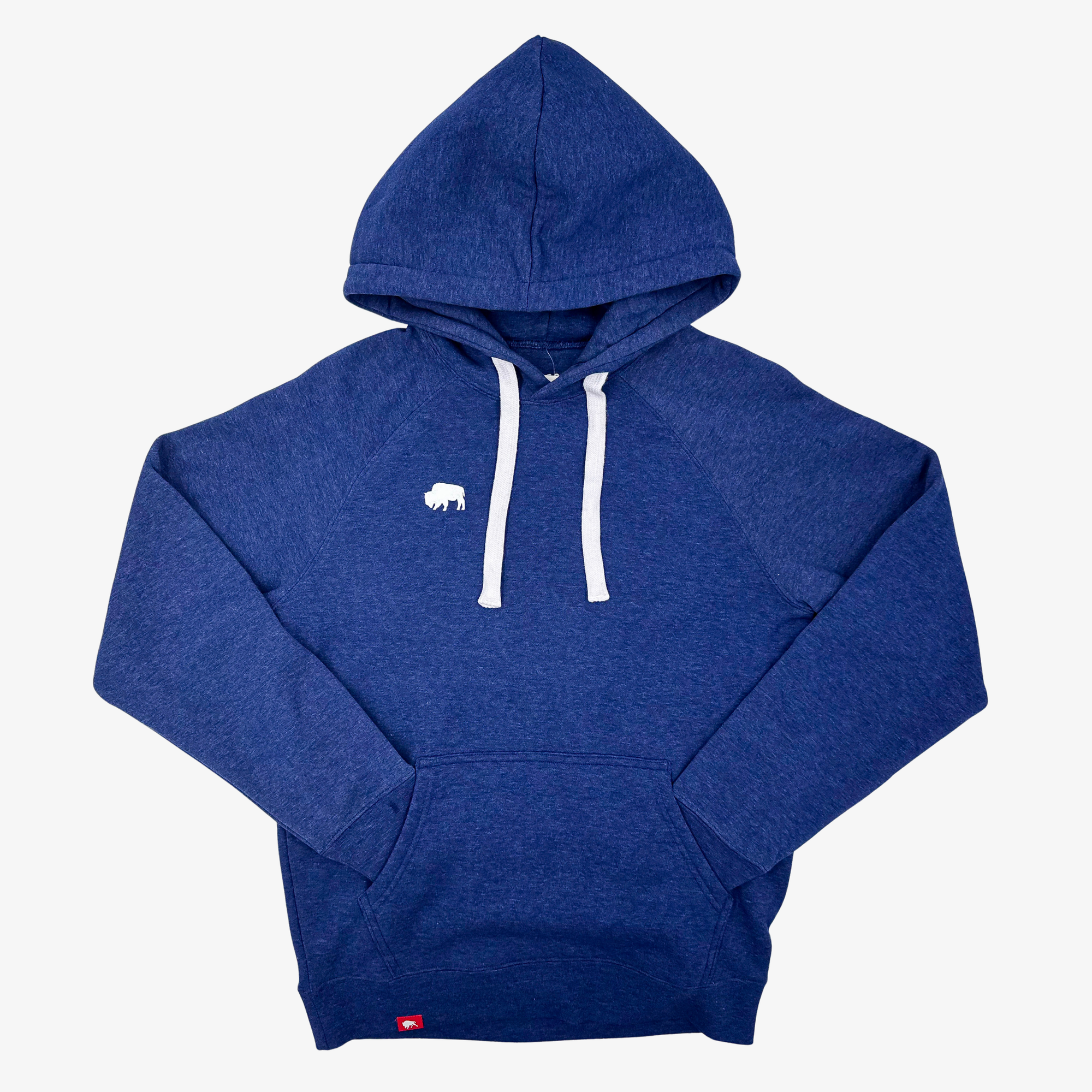 A heather blue pullover hoodie with white drawstrings and a small white elephant logo on the left chest, displayed on a light gray background.