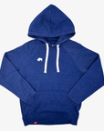 A heather blue pullover hoodie with white drawstrings and a small white elephant logo on the left chest, displayed on a light gray background.