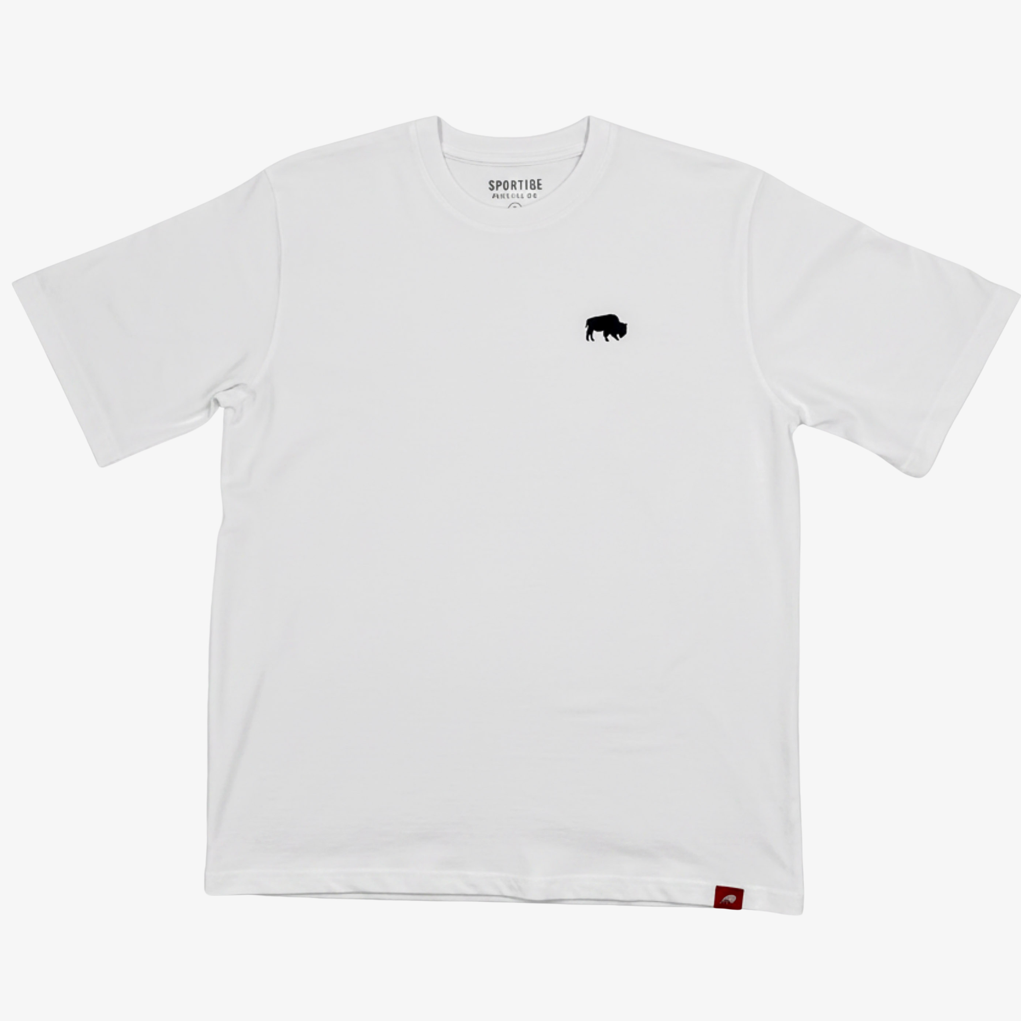 A white short-sleeve crewneck t-shirt with a small black bison logo on the left chest and a small red tag on the bottom right hem, displayed on a light gray background.