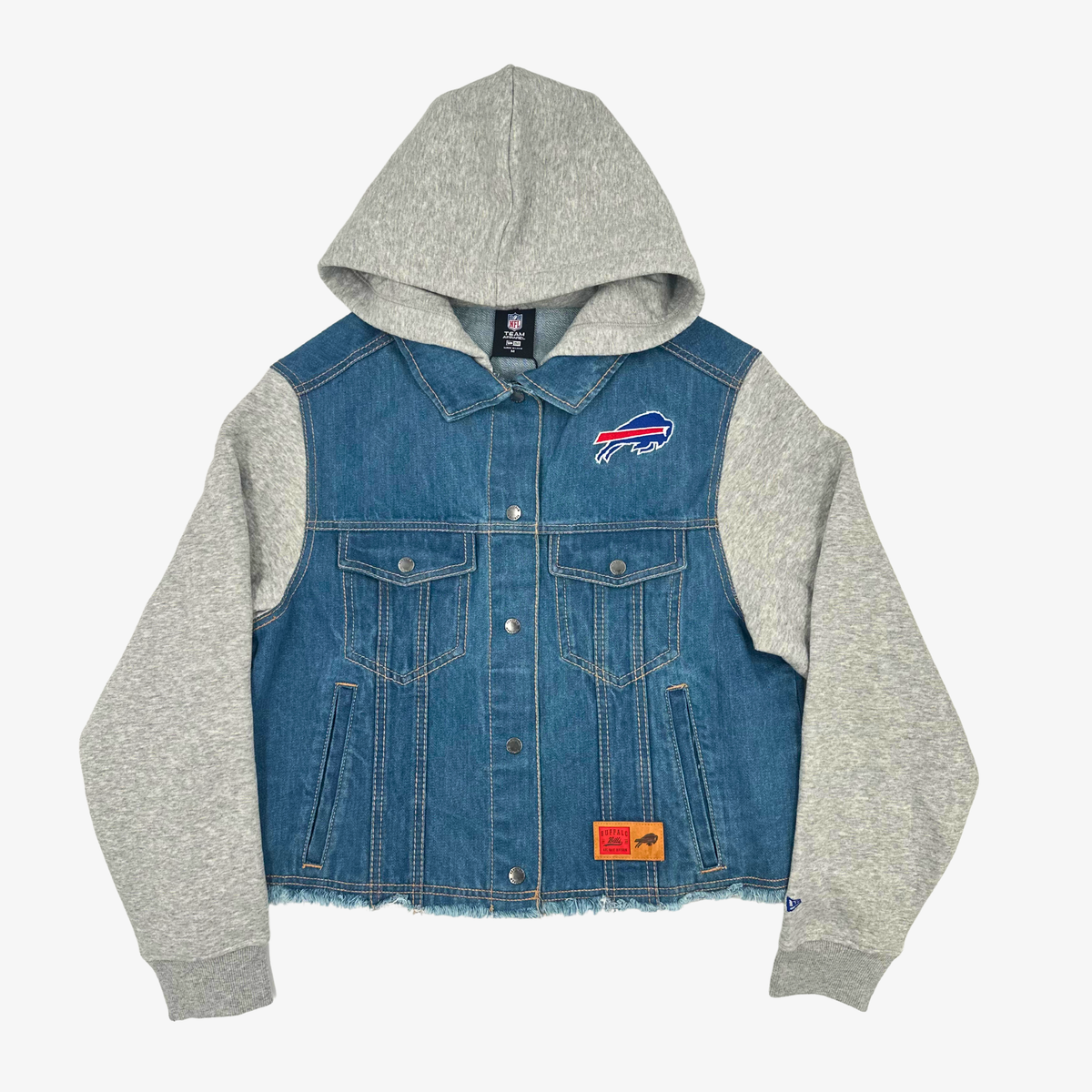 New Era Women's Buffalo Bills blue denim hooded jacket with gray sweatshirt sleeves and Bills graphics