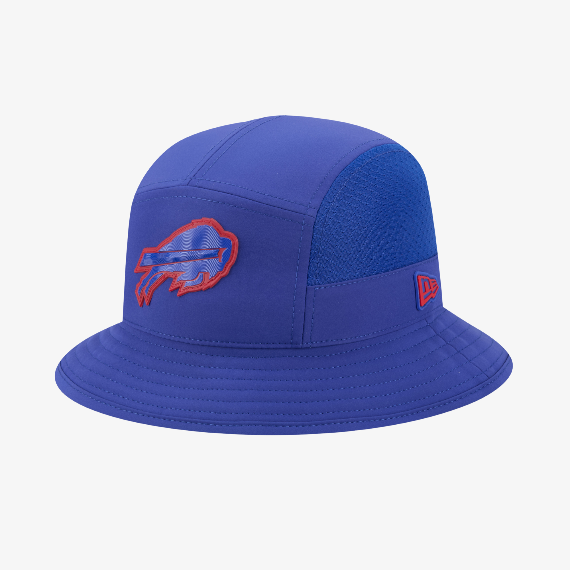 A royal blue Buffalo Bills performance bucket hat by New Era, featuring a red and blue charging buffalo logo on the front and a small red New Era flag logo on the side, set against a light gray background.