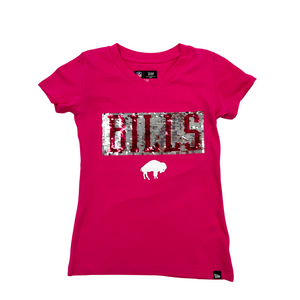 Youth Girls New Era Bills Pink Reversible Sequins Standing Buffalo Short Sleeve Shirt
