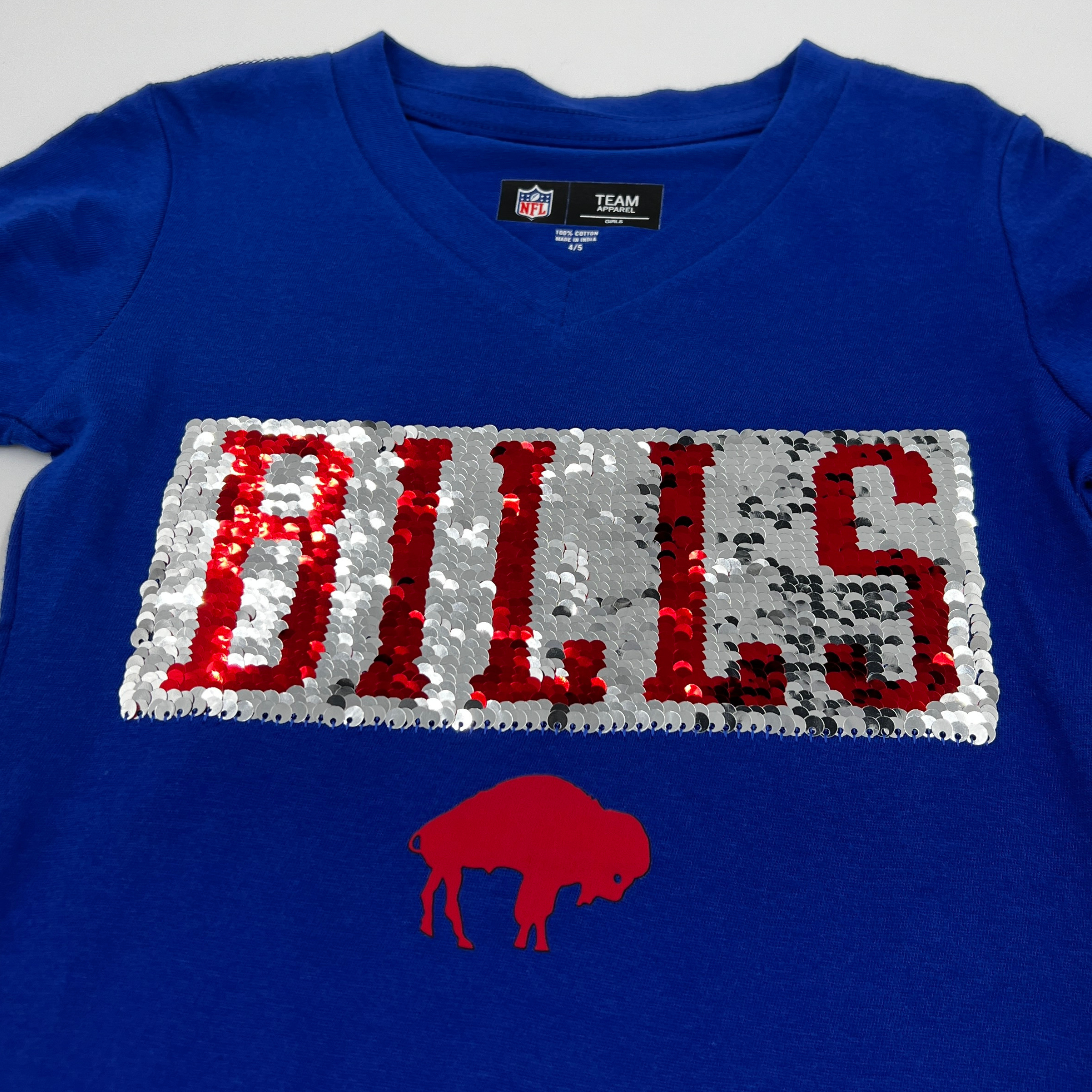 Girls Youth New Era Royal Buffalo Bills Reverse Sequin V-Neck T-Shirt Size: Extra Small