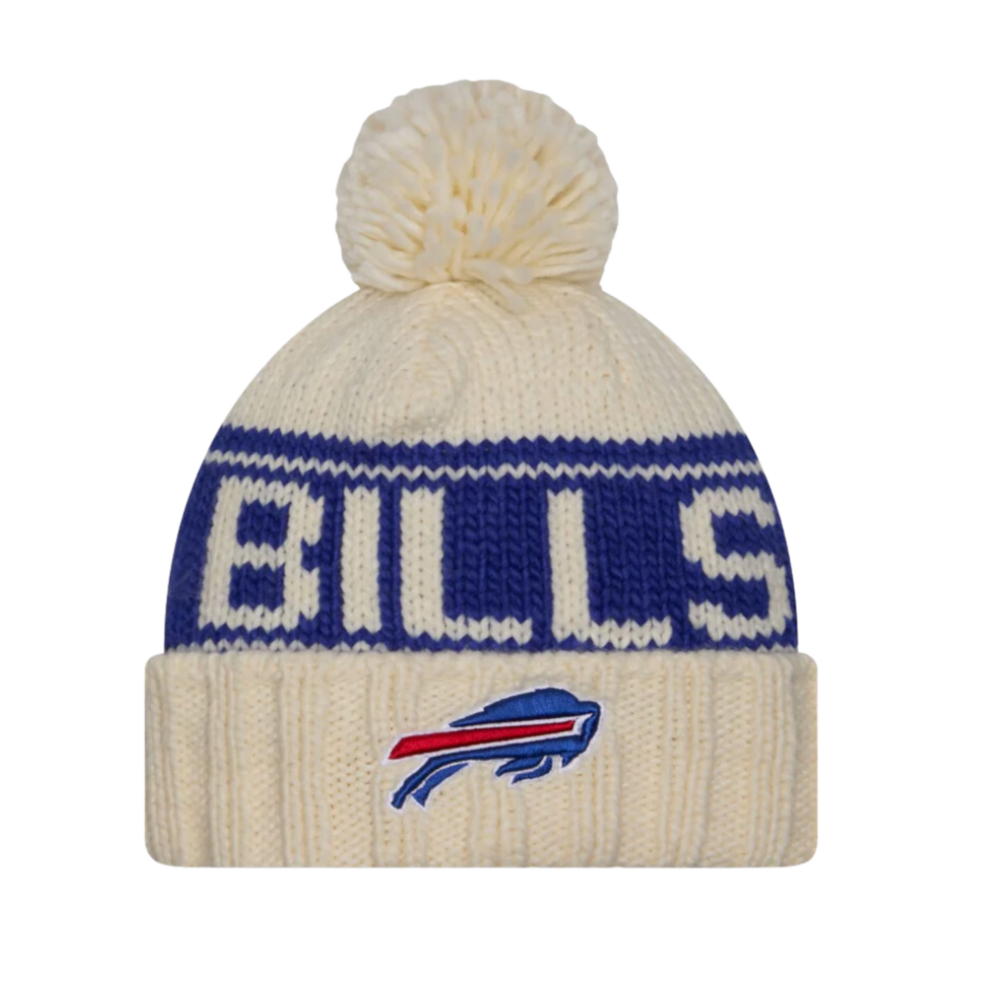 Youth New Era Bills 2024 Sideline Cream Knit Pom with bills wordmark and embroidered primary logo