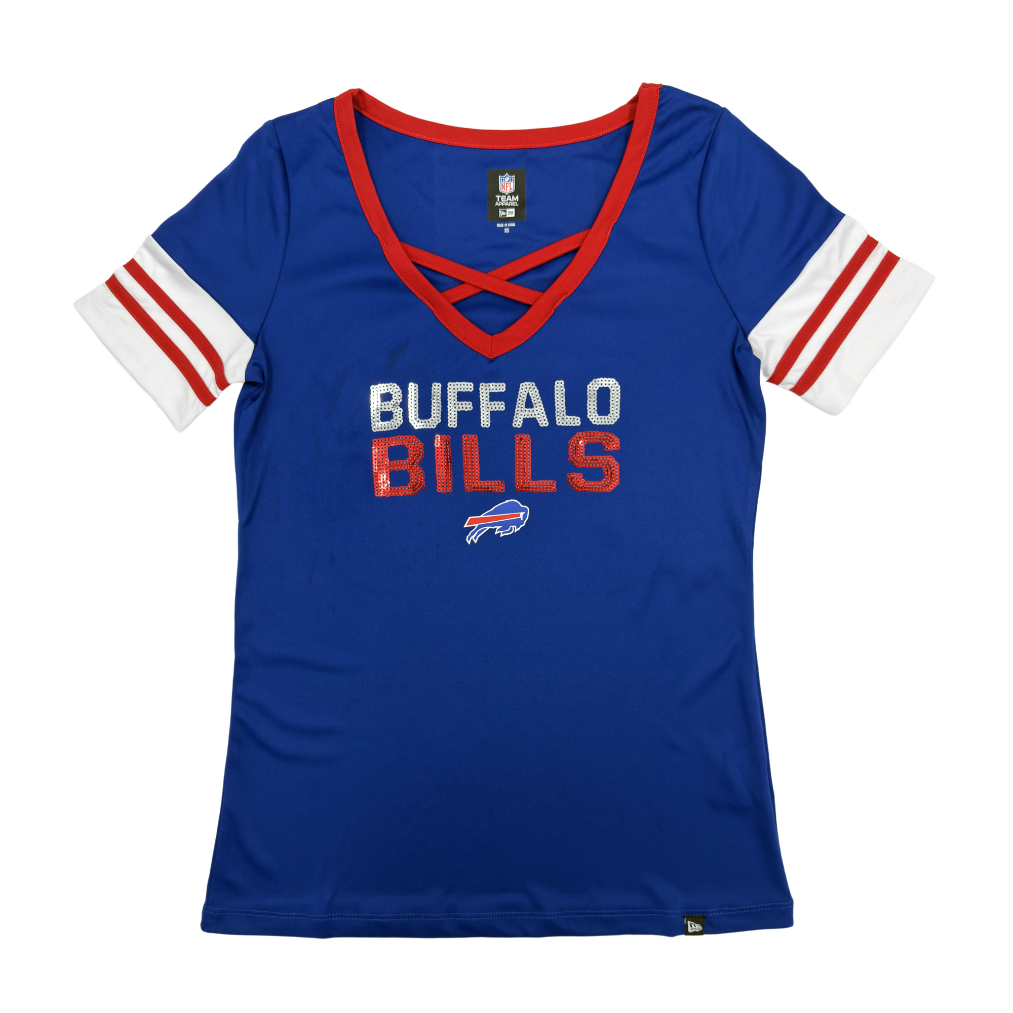 Women's New Era Bills Sequin Criss Cross V-Neck Shirt