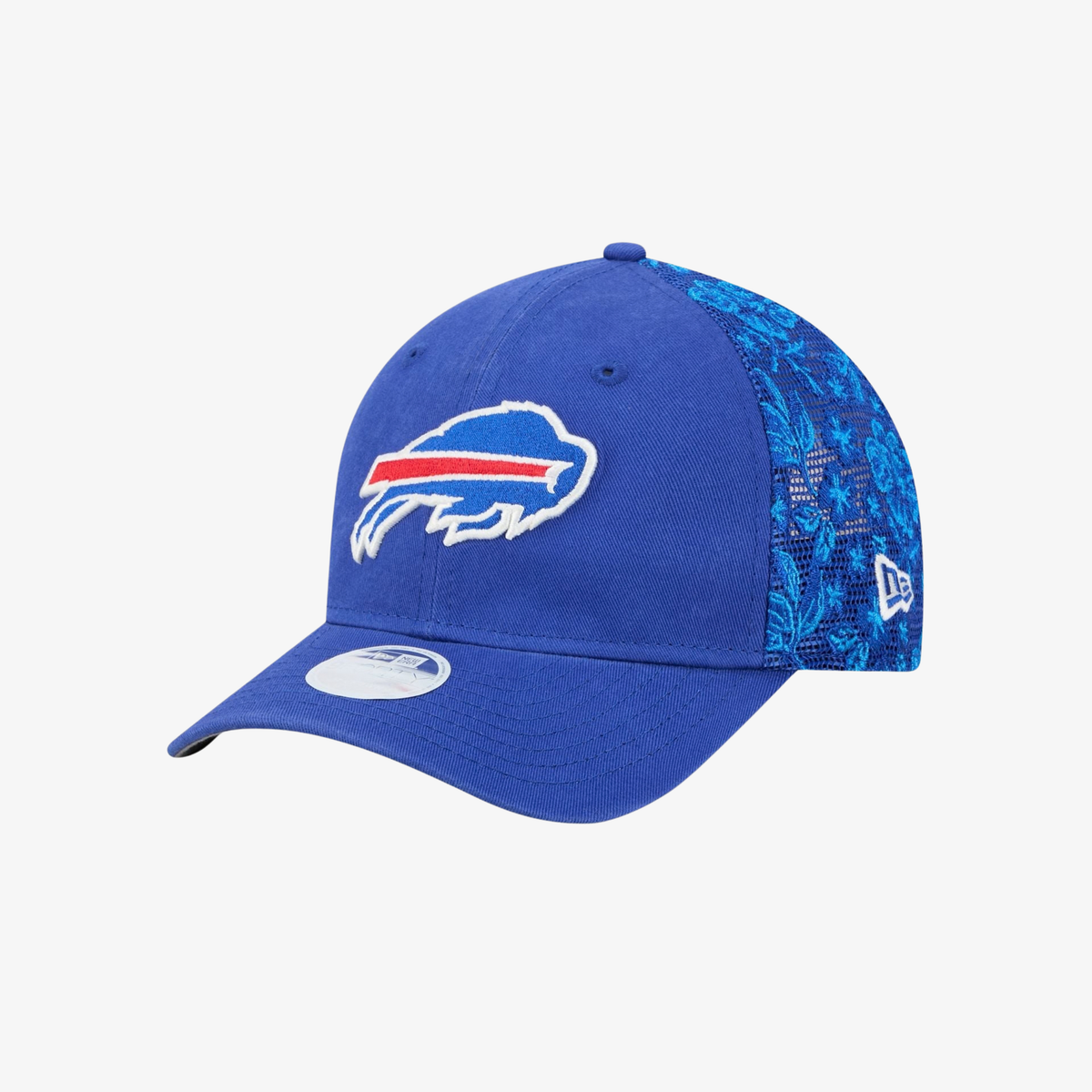 New Era Buffalo Bills royal blue 9FORTY M-Crown hat with embroidered Bills logo, curved visor, and blue floral lace-patterned mesh side panels.