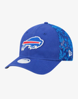 New Era Buffalo Bills royal blue 9FORTY M-Crown hat with embroidered Bills logo, curved visor, and blue floral lace-patterned mesh side panels.