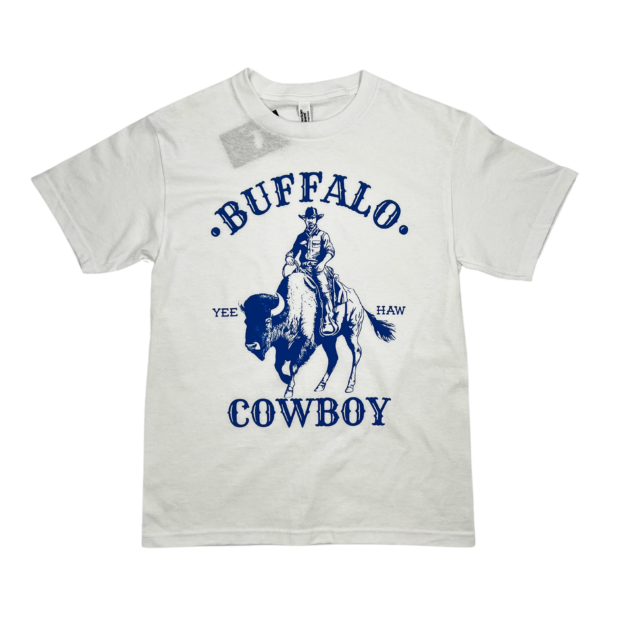 Cowboy riding a bison with the words buffalo cowboy and yee haw short sleeve shirt