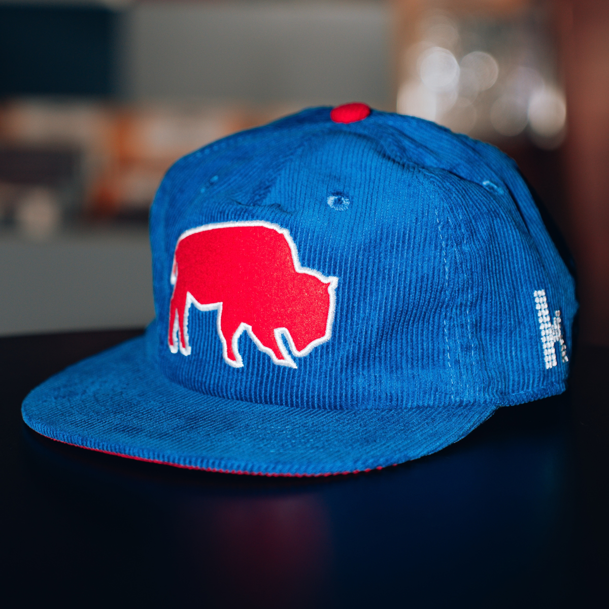 The Killers x The BFLO Store royal blue corduroy snapback hat with red standing buffalo embroidery and flat brim