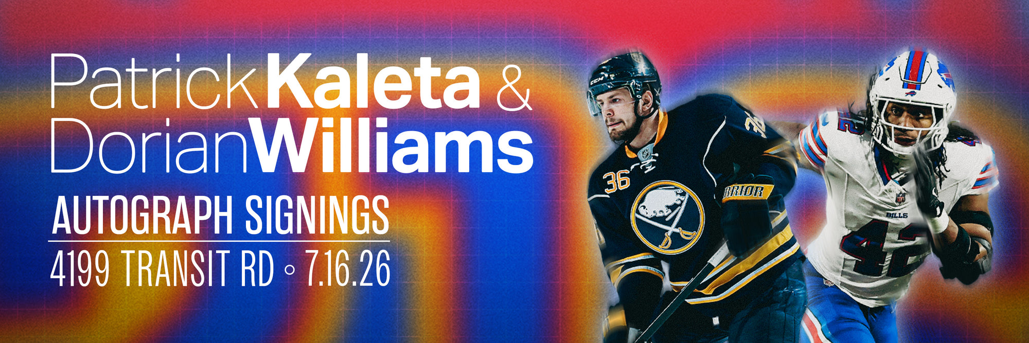 Advertisement for autograph signings featuring two athletes on a colorful background.