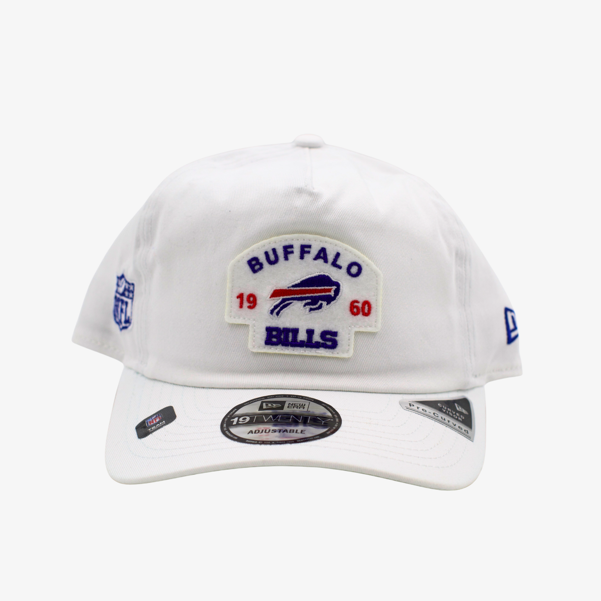 New Era Buffalo Bills white 19TWENTY adjustable hat with embroidered 1960 heritage patch, vintage Bills logo, curved visor, and NFL side embroidery.
