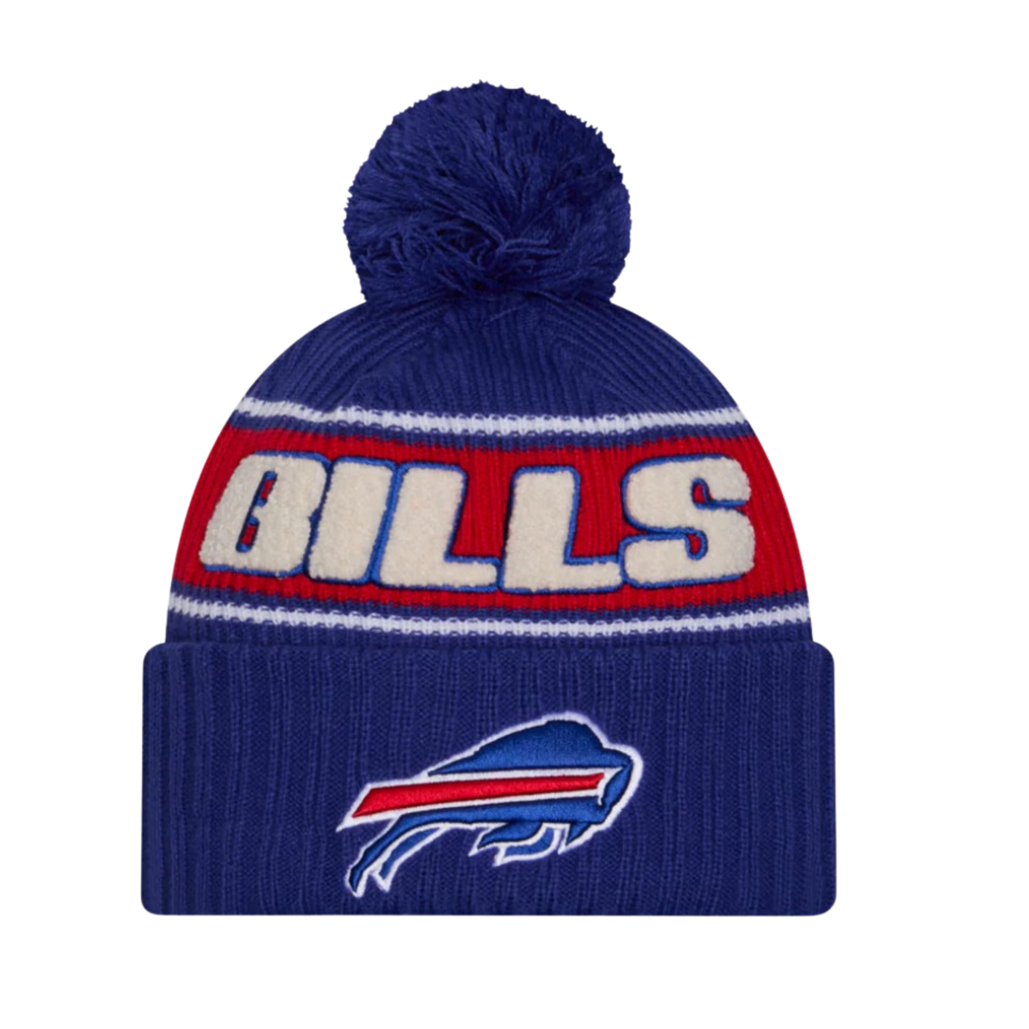 New Era Bills 2024 Sideline Royal Sport Knit Pom with bills fuzzy wordmark and embroidered primary logo.