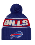 New Era Bills 2024 Sideline Royal Sport Knit Pom with bills fuzzy wordmark and embroidered primary logo.