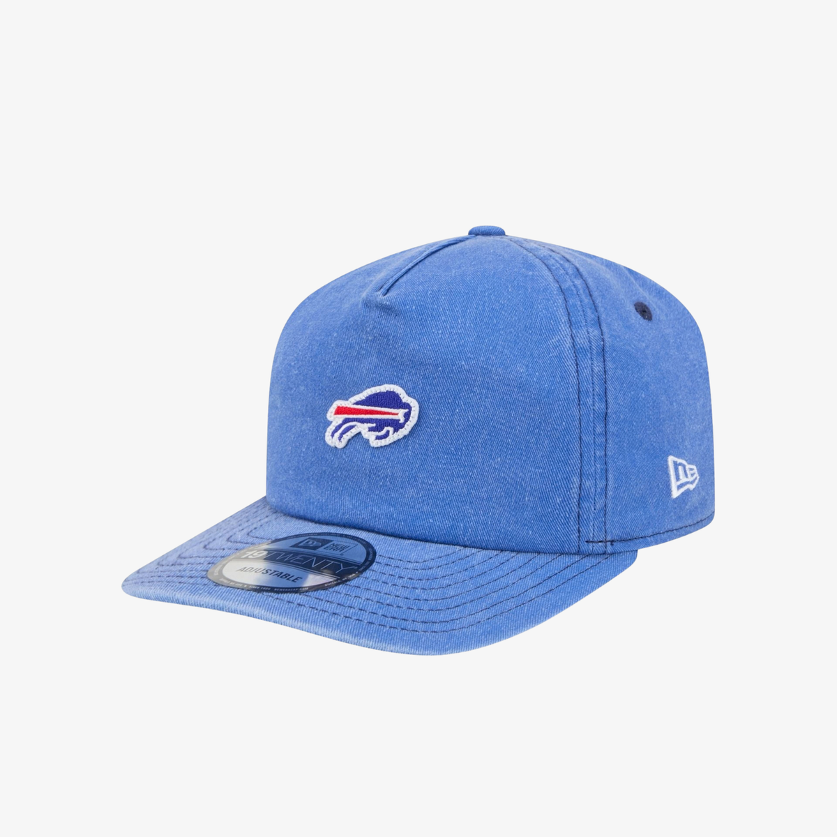 New Era Buffalo Bills royal blue washed 19TWENTY adjustable hat featuring a small embroidered charging buffalo logo, curved visor, and white New Era flag.