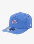 New Era Buffalo Bills royal blue washed 19TWENTY adjustable hat featuring a small embroidered charging buffalo logo, curved visor, and white New Era flag.