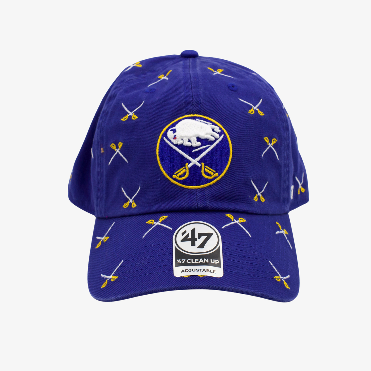 '47 Brand Buffalo Sabres royal blue Clean Up adjustable hat featuring an embroidered crossed-swords logo and repeating white and gold crossed-swords pattern.
