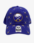 '47 Brand Buffalo Sabres royal blue Clean Up adjustable hat featuring an embroidered crossed-swords logo and repeating white and gold crossed-swords pattern.