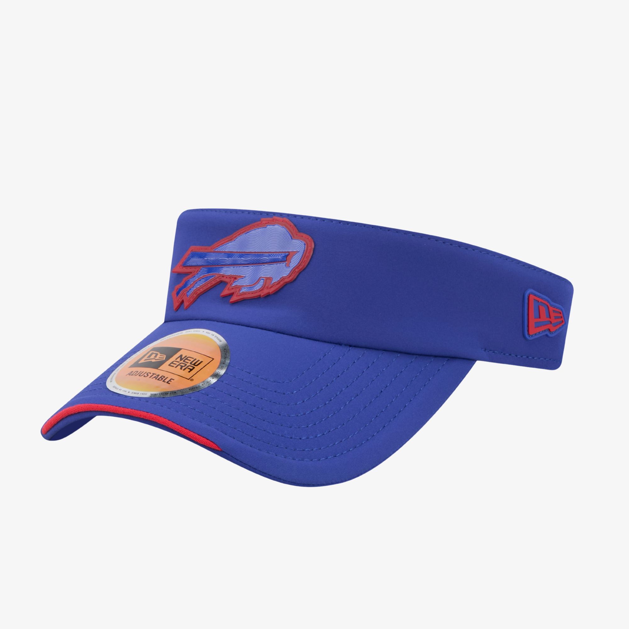 A royal blue visor hat featuring the Buffalo Bills charging buffalo logo embroidered on the front, a red embroidered New Era flag logo on the side, and a gold metallic sticker on the brim, set against a plain light gray background.
