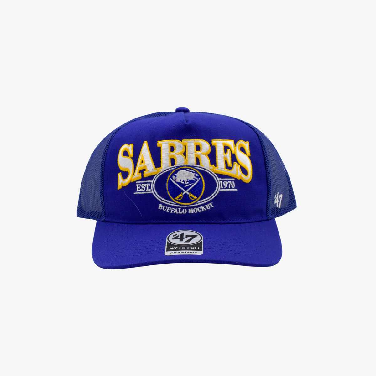 '47 Brand Buffalo Sabres royal blue Hitch adjustable trucker hat featuring embroidered SABRES lettering, crossed-swords logo, and blue mesh side panels.