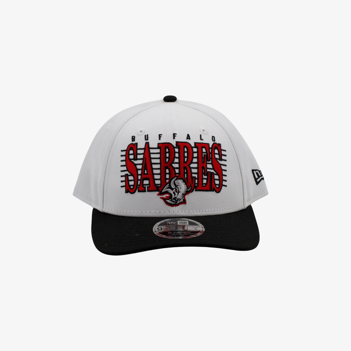New Era Buffalo Sabres white and black 9FORTY M-Crown adjustable hat featuring red SABRES lettering, retro buffalo head logo, and black curved visor.