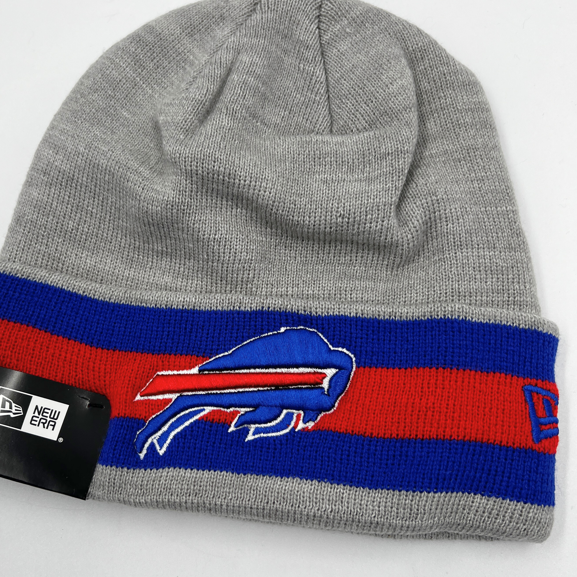 New Era Buffalo Bills Primary Logo Gray With Royal &amp; Red Striped Winter Hat